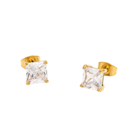 Elegante gouden stud oorbel met een sprankelende steen